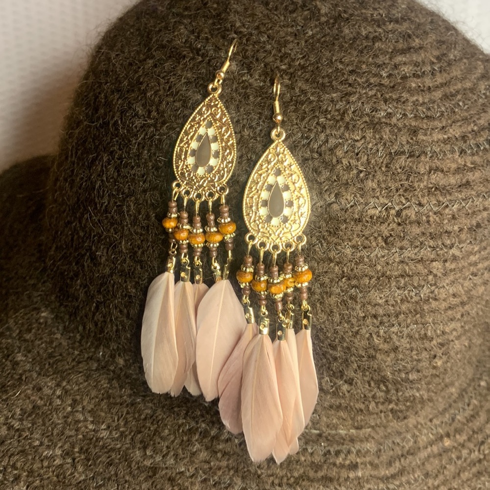 Brown Feather and Bead Earrings - Picture 2 of 7